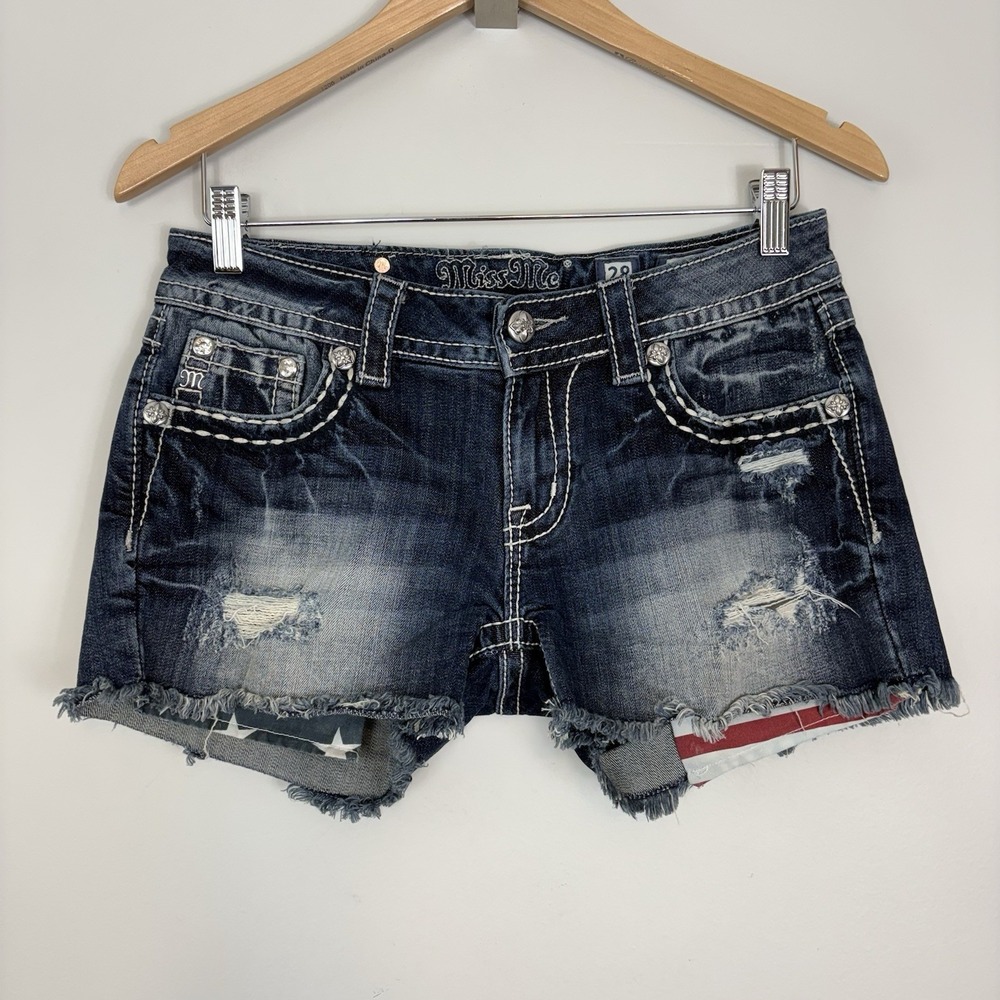Miss Me Signature Shorts American Flag Exposed Pockets 28 Large Stitch Studded
